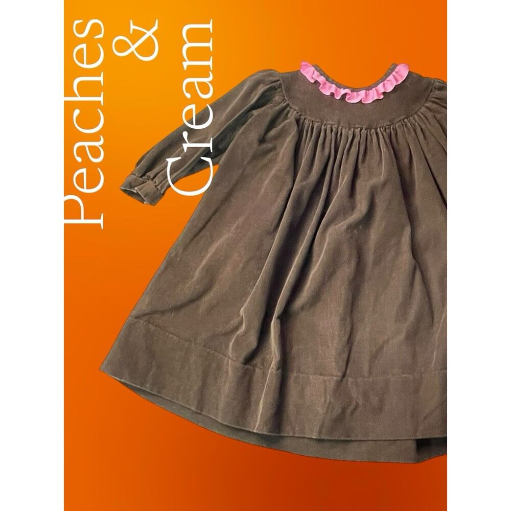 Peaches 'n Cream Baby Girl Corduroy Dress Brown w/ Pink Collar | Size 18M (Est.)